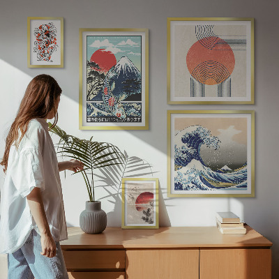 Lot de tableaux encadrés Motifs artistiques japonais en forme de vagues