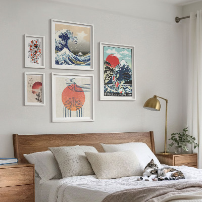 Lot de tableaux encadrés Motifs artistiques japonais en forme de vagues
