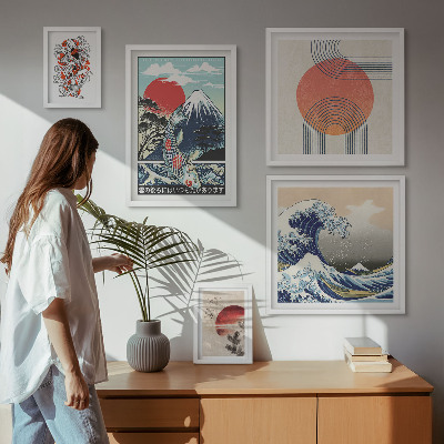 Lot de tableaux encadrés Motifs artistiques japonais en forme de vagues