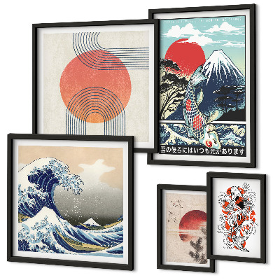 Lot de tableaux encadrés Motifs artistiques japonais en forme de vagues