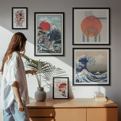 Lot de tableaux encadrés Motifs artistiques japonais en forme de vagues