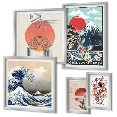 Lot de tableaux encadrés Motifs artistiques japonais en forme de vagues