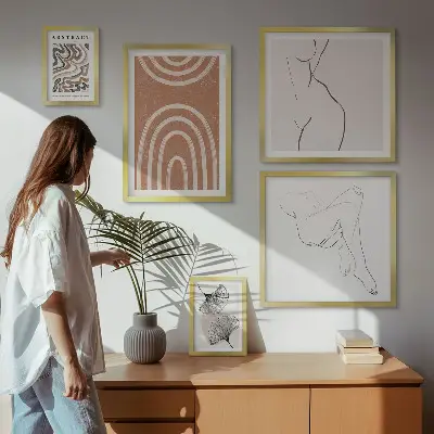 Ensemble de 5 tableaux représentant des figures abstraites stylisées