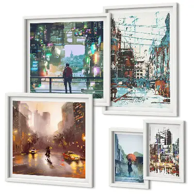 Paysages urbains modernes ensemble de 5 tableaux