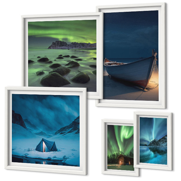 Lot de tableaux encadrés Paysages d'hiver avec aurores boréales