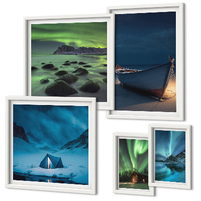 Lot de tableaux encadrés Paysages d'hiver avec aurores boréales
