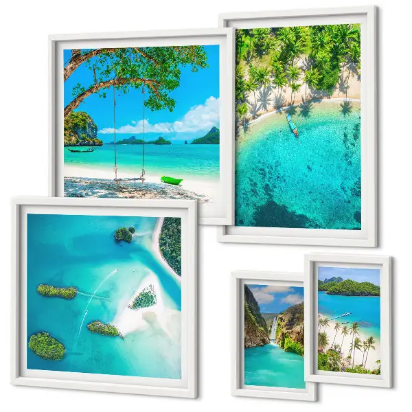 Ensemble de 5 tableaux représentant des plages tropicales et des eaux paradisiaques