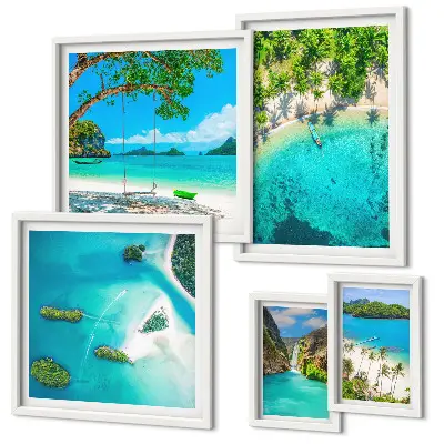 Ensemble de 5 tableaux représentant des plages tropicales et des eaux paradisiaques