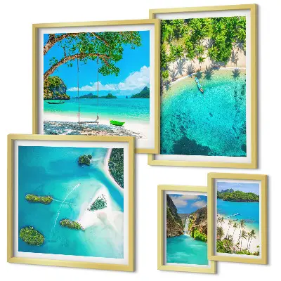 Ensemble de 5 tableaux représentant des plages tropicales et des eaux paradisiaques