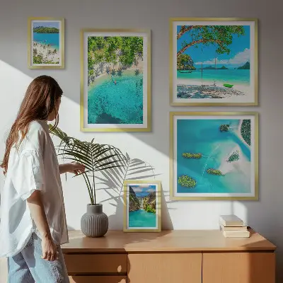 Ensemble de 5 tableaux représentant des plages tropicales et des eaux paradisiaques