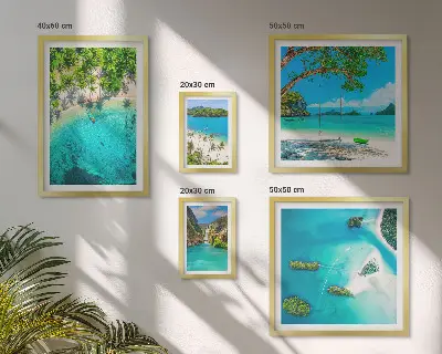 Ensemble de 5 tableaux représentant des plages tropicales et des eaux paradisiaques