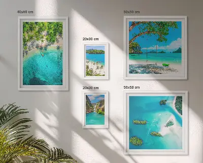 Ensemble de 5 tableaux représentant des plages tropicales et des eaux paradisiaques