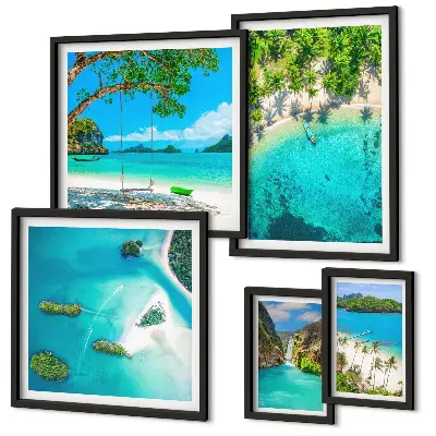 Ensemble de 5 tableaux représentant des plages tropicales et des eaux paradisiaques