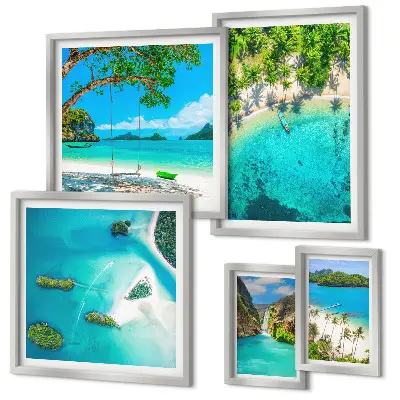 Ensemble de 5 tableaux représentant des plages tropicales et des eaux paradisiaques