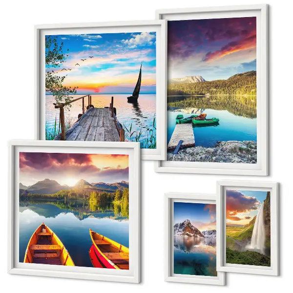 Lot de tableaux encadrés représentant des paysages de cascades et de lacs