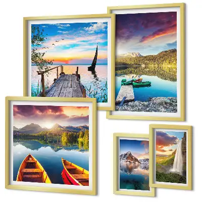 Lot de tableaux encadrés représentant des paysages de cascades et de lacs
