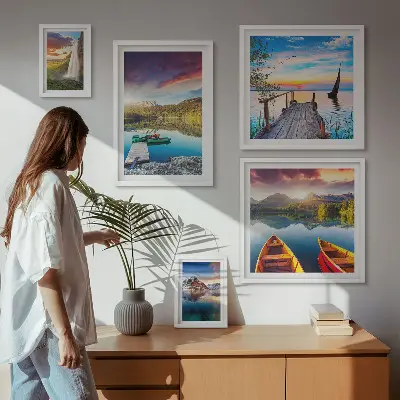 Lot de tableaux encadrés représentant des paysages de cascades et de lacs