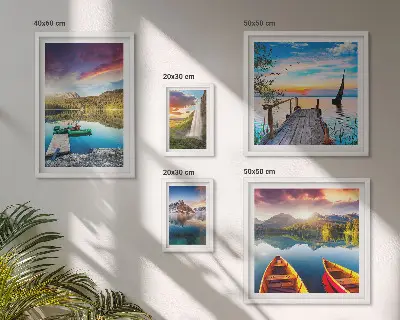 Lot de tableaux encadrés représentant des paysages de cascades et de lacs