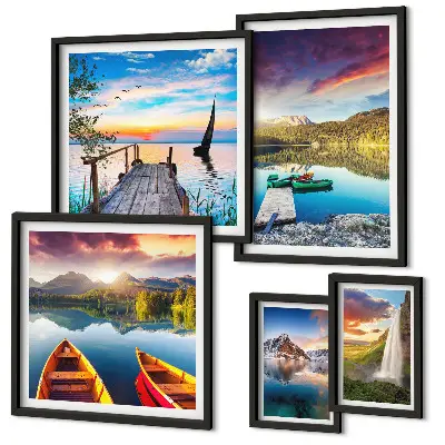 Lot de tableaux encadrés représentant des paysages de cascades et de lacs