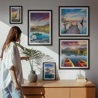 Lot de tableaux encadrés représentant des paysages de cascades et de lacs