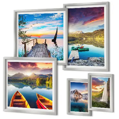 Lot de tableaux encadrés représentant des paysages de cascades et de lacs