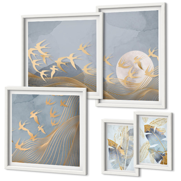 Ensemble de 5 tableaux Oiseaux élégants feuilles grises