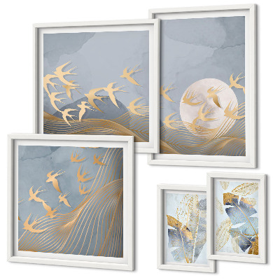 Ensemble de 5 tableaux Oiseaux élégants feuilles grises