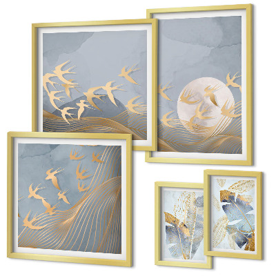 Ensemble de 5 tableaux Oiseaux élégants feuilles grises