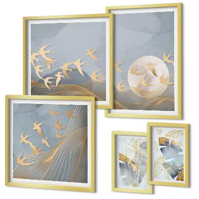 Ensemble de 5 tableaux oiseaux élégants sur fond de feuilles grises