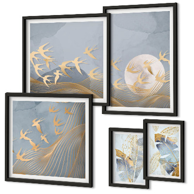 Ensemble de 5 tableaux Oiseaux élégants feuilles grises