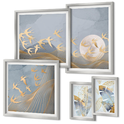 Ensemble de 5 tableaux Oiseaux élégants feuilles grises