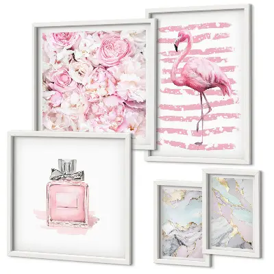 Lot de tableaux encadrés avec motifs élégants de fleurs et flamants roses