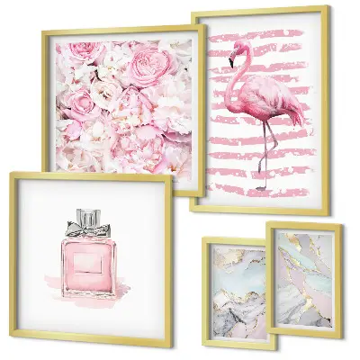 Lot de tableaux encadrés avec motifs élégants de fleurs et flamants roses