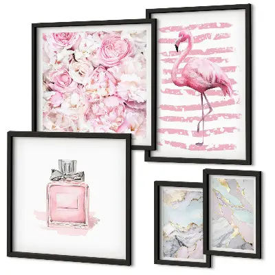 Lot de tableaux encadrés avec motifs élégants de fleurs et flamants roses