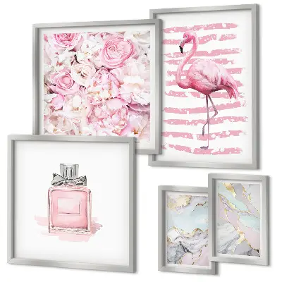 Lot de tableaux encadrés avec motifs élégants de fleurs et flamants roses
