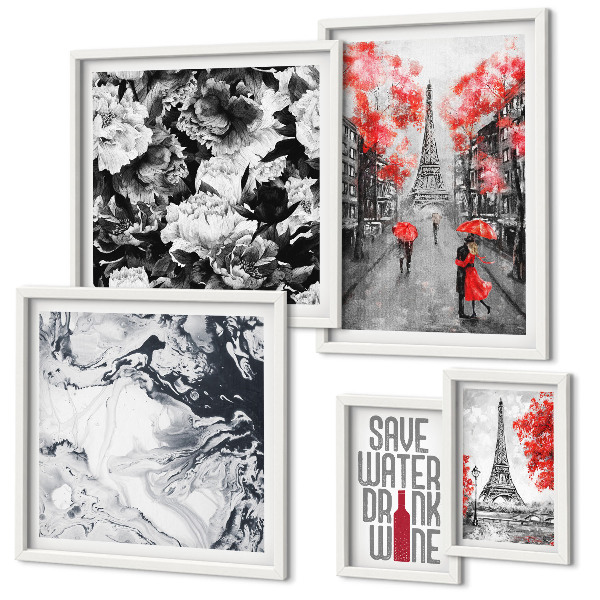 Ensemble de 5 tableaux Fleurs et motifs parisiens