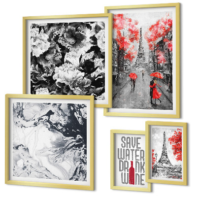 Ensemble de 5 tableaux Fleurs et motifs parisiens