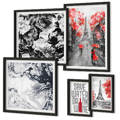 Ensemble de 5 tableaux Fleurs et motifs parisiens