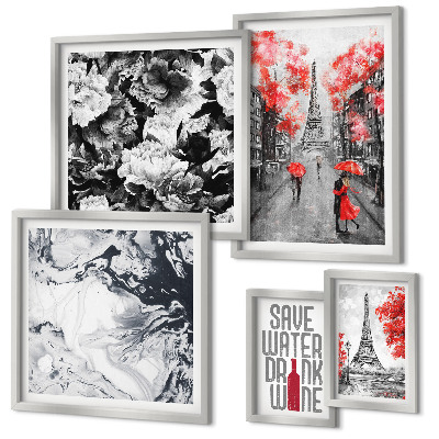 Ensemble de 5 tableaux Fleurs et motifs parisiens