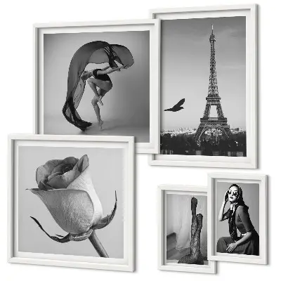 Lot de tableaux encadrés représentant Paris élégant en noir et blanc