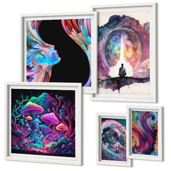 Lot de tableaux encadrés inspirations surréalistes cosmiques