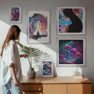 Lot de tableaux encadrés inspirations surréalistes cosmiques