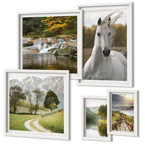 Ensemble de 5 tableaux représentant des paysages avec un cheval