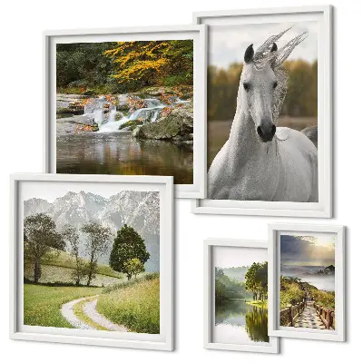 Ensemble de 5 tableaux représentant des paysages avec un cheval