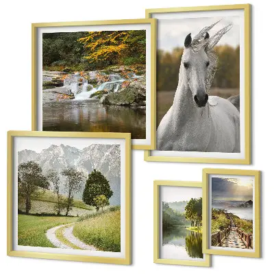 Ensemble de 5 tableaux représentant des paysages avec un cheval