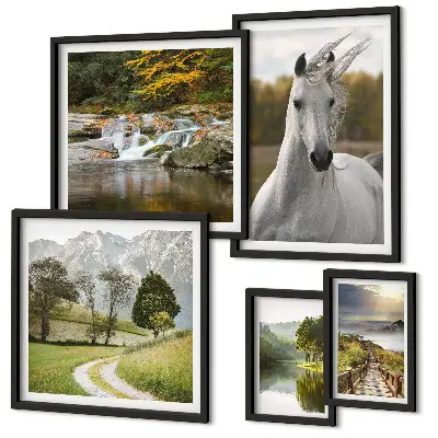 Ensemble de 5 tableaux représentant des paysages avec un cheval