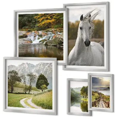 Ensemble de 5 tableaux représentant des paysages avec un cheval