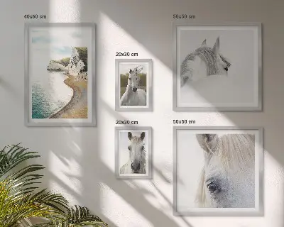 Lot de tableaux encadrés représentant des chevaux sur une plage au style minimaliste