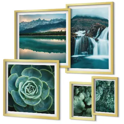 Ensemble de 5 tableaux représentant des plantes vertes en cascade dans la nature