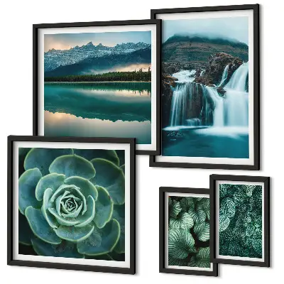 Ensemble de 5 tableaux représentant des plantes vertes en cascade dans la nature